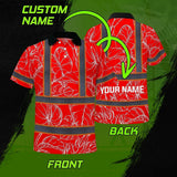 Hi Vis Polo Shirt Reflective Tapes Red Neon Flowers Custom Name Safety Workwear For Workers, Truckers, Operators