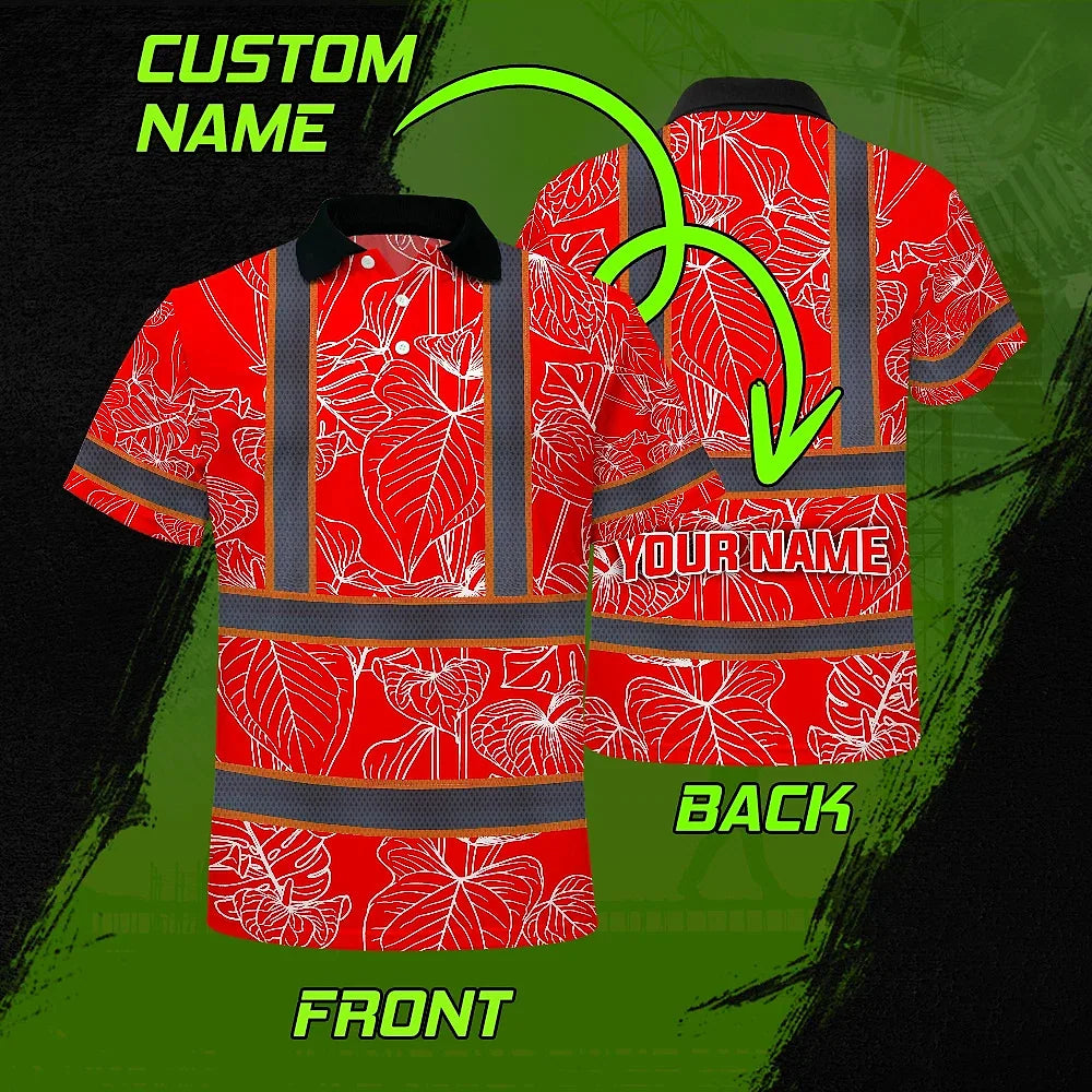 Hi Vis Polo Shirt Reflective Tapes Red Neon Flowers Custom Name Safety Workwear For Workers, Truckers, Operators