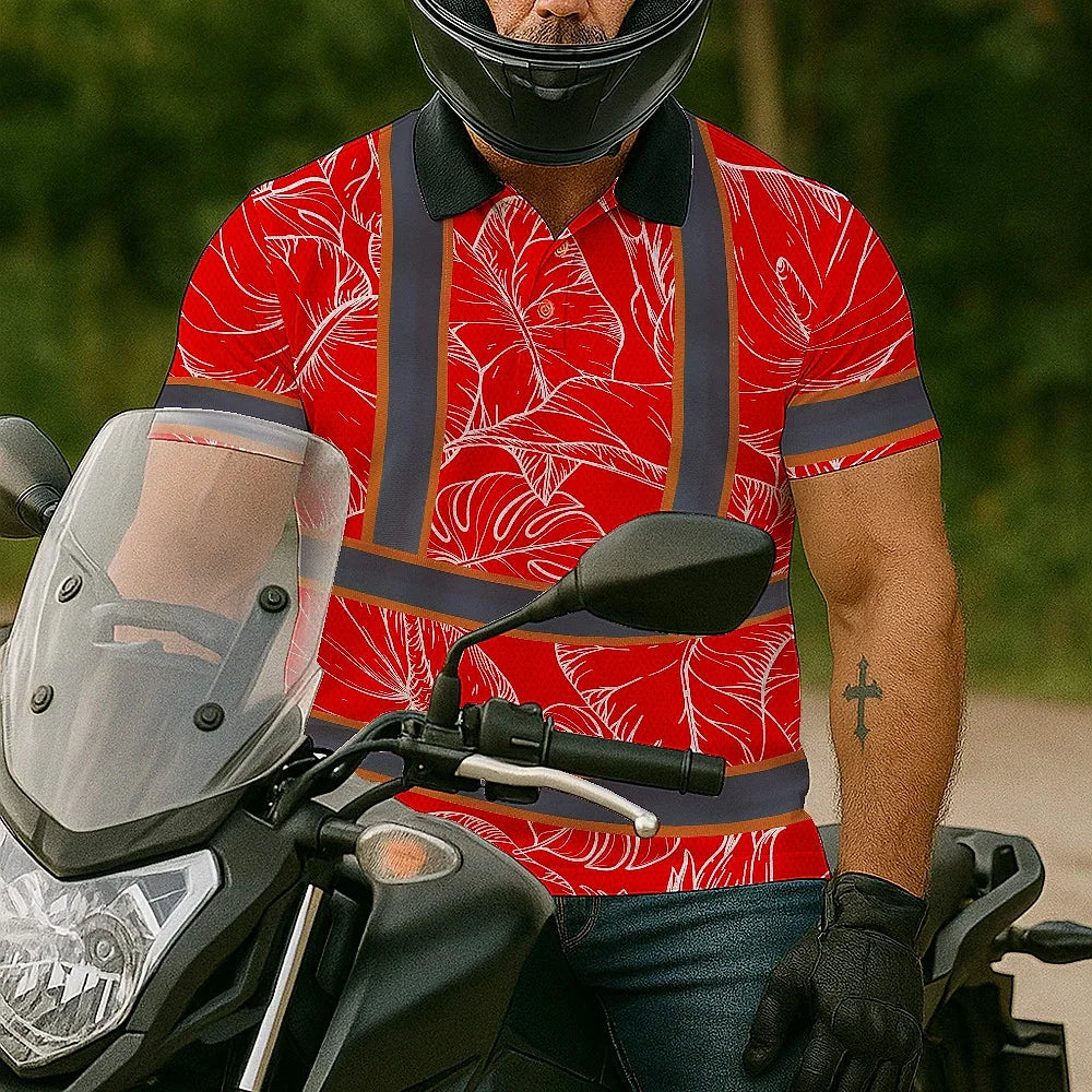 Hi Vis Polo Shirt Reflective Tapes Red Neon Flowers Custom Name Safety Workwear For Workers, Truckers, Operators