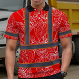 Hi Vis Polo Shirt Reflective Tapes Red Neon Flowers Custom Name Safety Workwear For Workers, Truckers, Operators