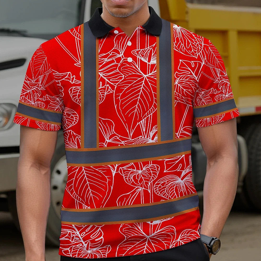 Hi Vis Polo Shirt Reflective Tapes Red Neon Flowers Custom Name Safety Workwear For Workers, Truckers, Operators