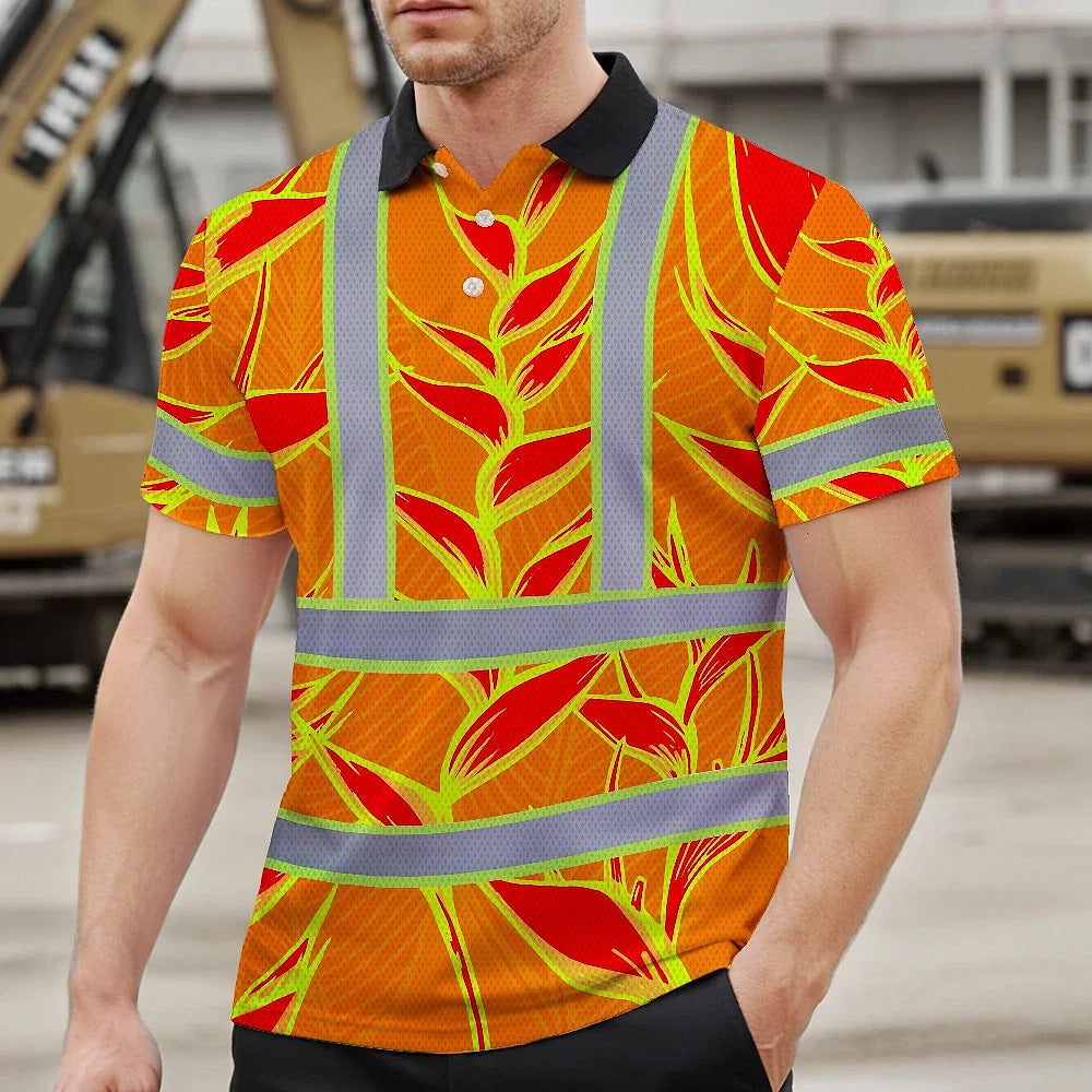 Hi Vis Polo Shirt Reflective Tapes Red Neon Lime Heliconia Custom Name Safety Workwear For Workers, Truckers, Operators