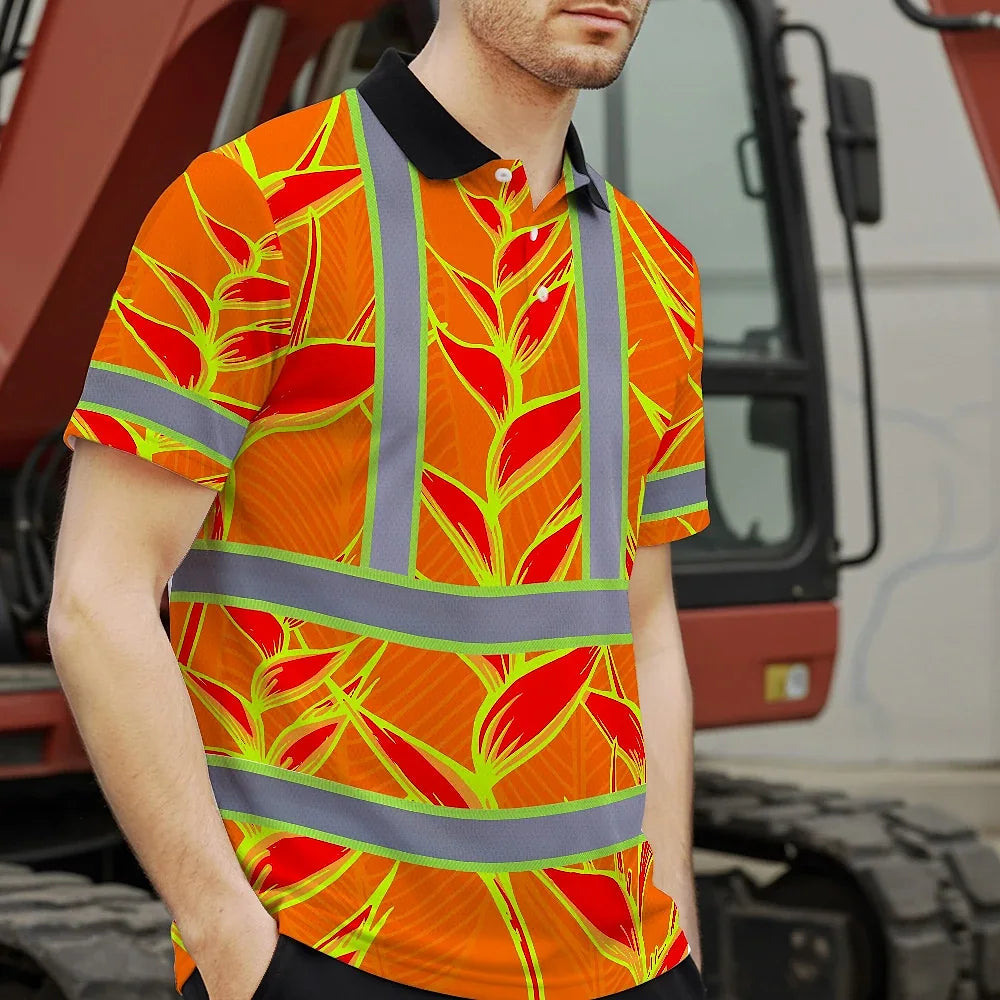 Hi Vis Polo Shirt Reflective Tapes Red Neon Lime Heliconia Custom Name Safety Workwear For Workers, Truckers, Operators