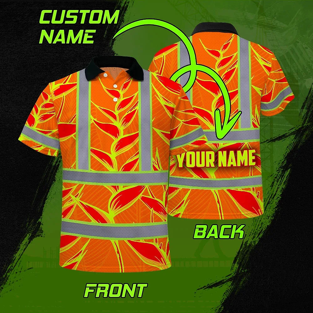 Hi Vis Polo Shirt Reflective Tapes Red Neon Lime Heliconia Custom Name Safety Workwear For Workers, Truckers, Operators