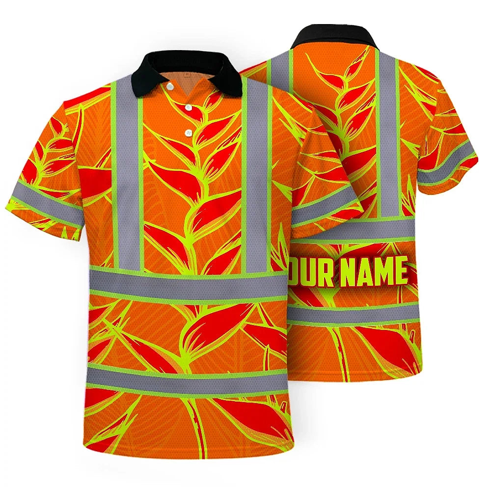 Hi Vis Polo Shirt Reflective Tapes Red Neon Lime Heliconia Custom Name Safety Workwear For Workers, Truckers, Operators