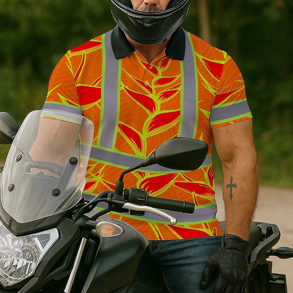 Hi Vis Polo Shirt Reflective Tapes Red Neon Lime Heliconia Custom Name Safety Workwear For Workers, Truckers, Operators