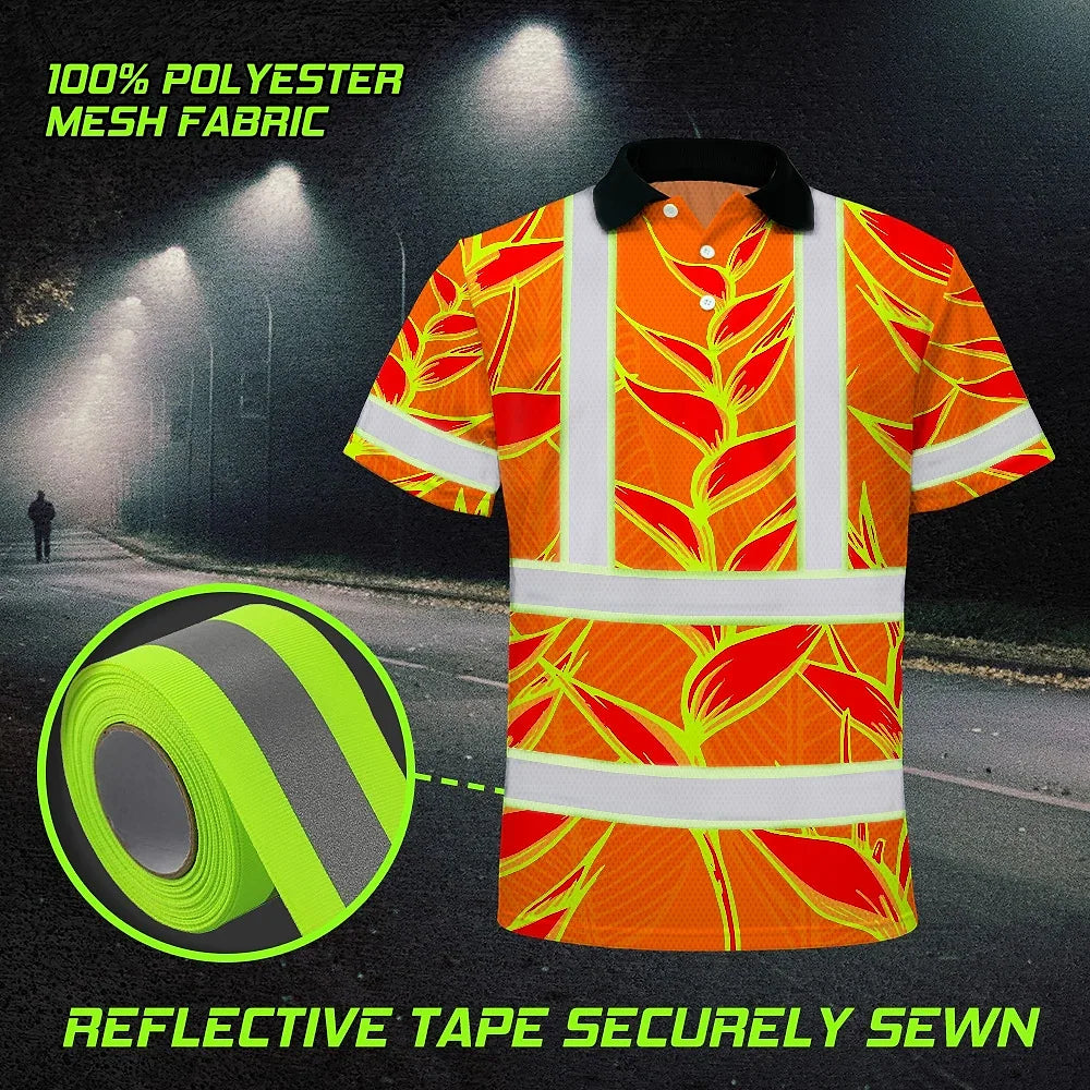 Hi Vis Polo Shirt Reflective Tapes Red Neon Lime Heliconia Custom Name Safety Workwear For Workers, Truckers, Operators