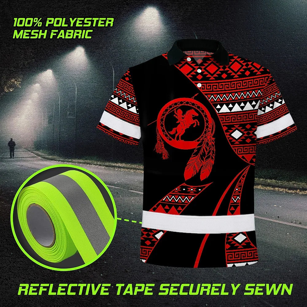 Hi Vis Polo Shirt Reflective Tapes Red Neon Native Custom Name Safety Workwear For Workers, Truckers, Operators
