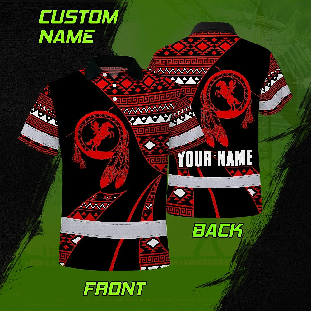 Hi Vis Polo Shirt Reflective Tapes Red Neon Native Custom Name Safety Workwear For Workers, Truckers, Operators
