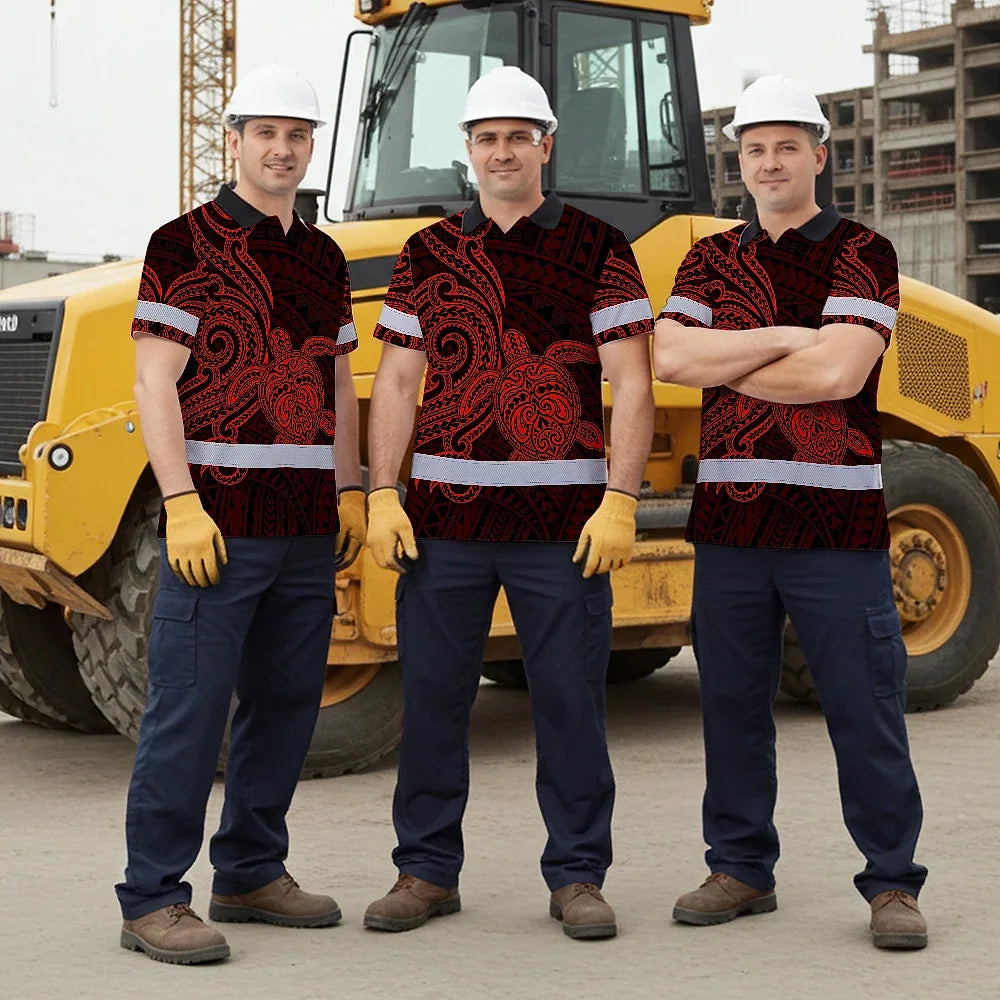 Hi Vis Polo Shirt Reflective Tapes Red Neon Polynesian Custom Name Safety Workwear For Workers, Truckers, Operators
