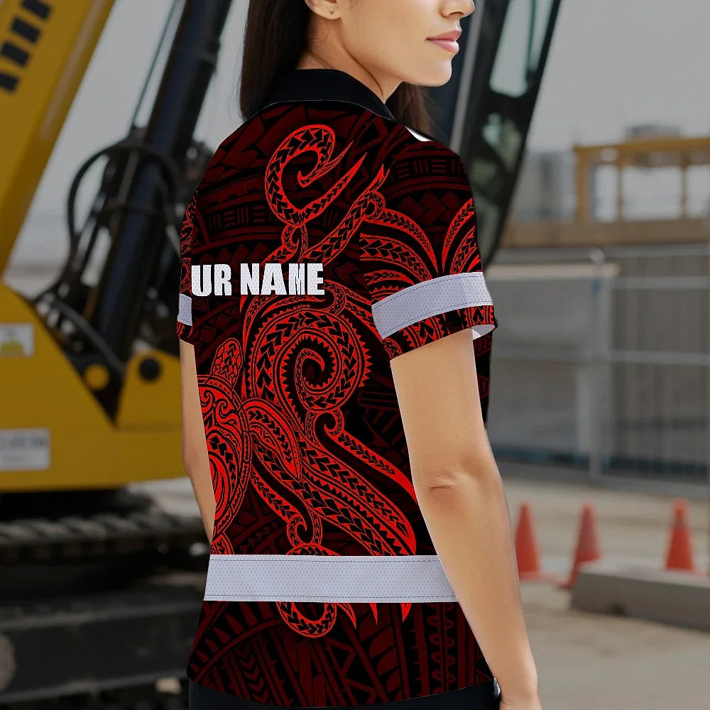 Hi Vis Polo Shirt Reflective Tapes Red Neon Polynesian Custom Name Safety Workwear For Workers, Truckers, Operators