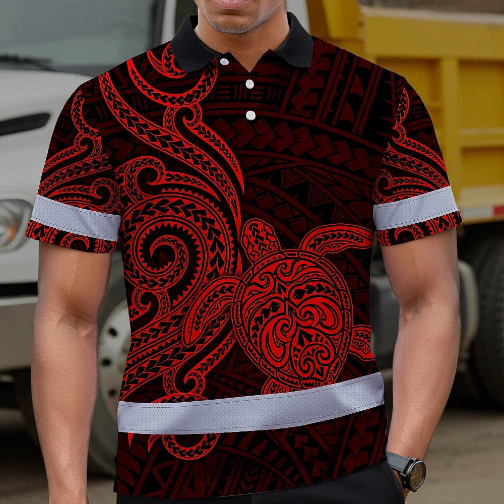 Hi Vis Polo Shirt Reflective Tapes Red Neon Polynesian Custom Name Safety Workwear For Workers, Truckers, Operators