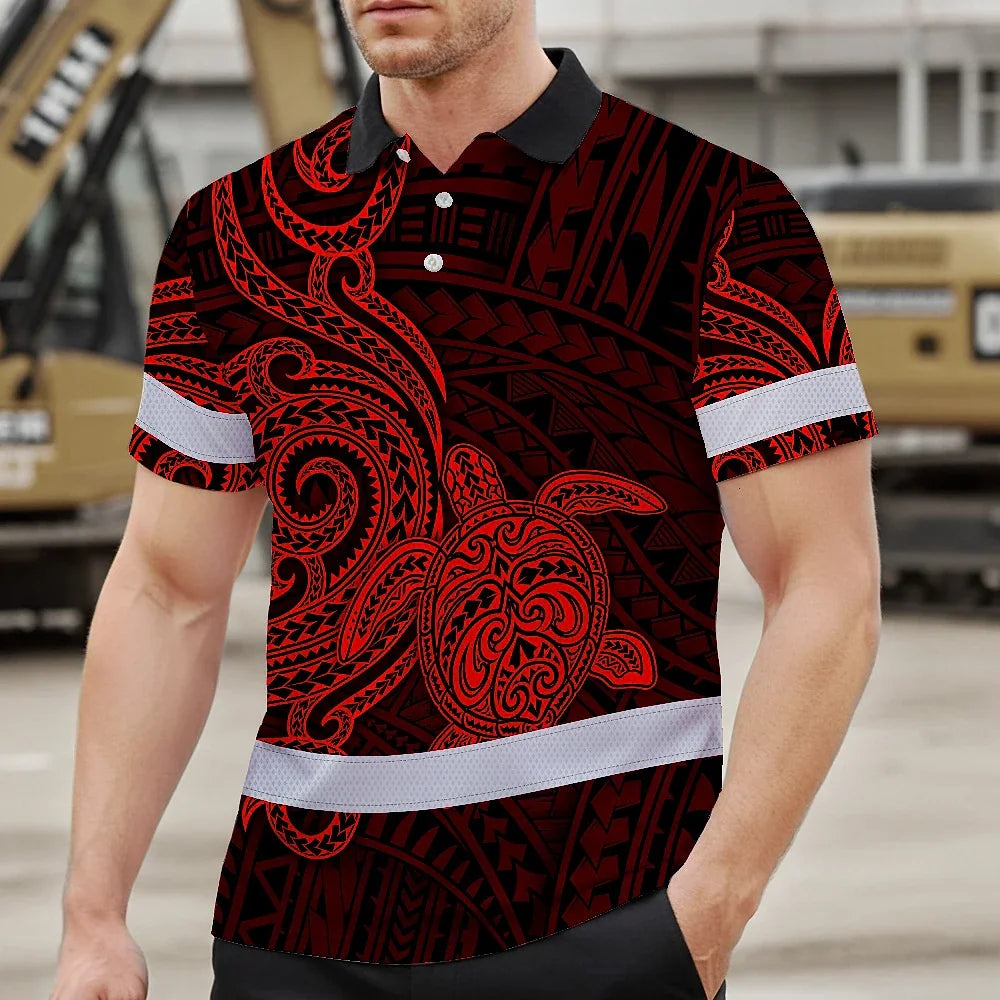 Hi Vis Polo Shirt Reflective Tapes Red Neon Polynesian Custom Name Safety Workwear For Workers, Truckers, Operators