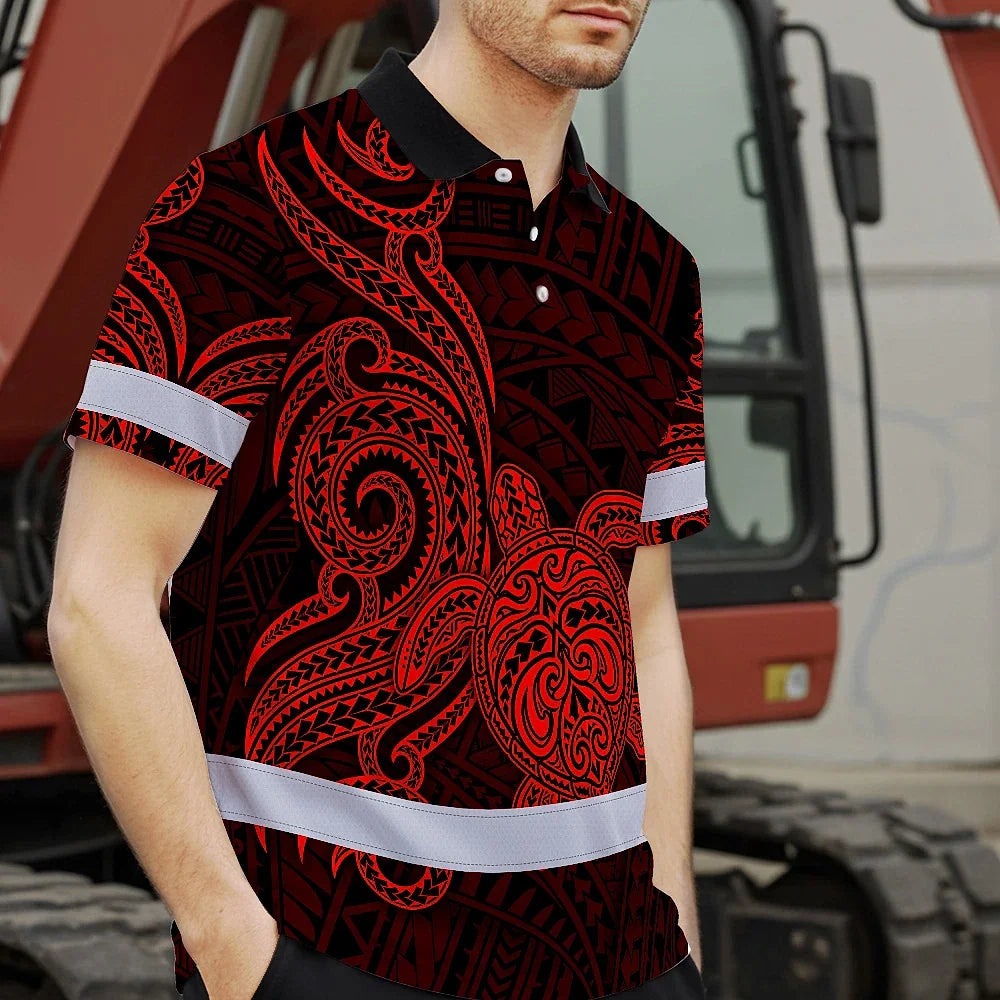 Hi Vis Polo Shirt Reflective Tapes Red Neon Polynesian Custom Name Safety Workwear For Workers, Truckers, Operators
