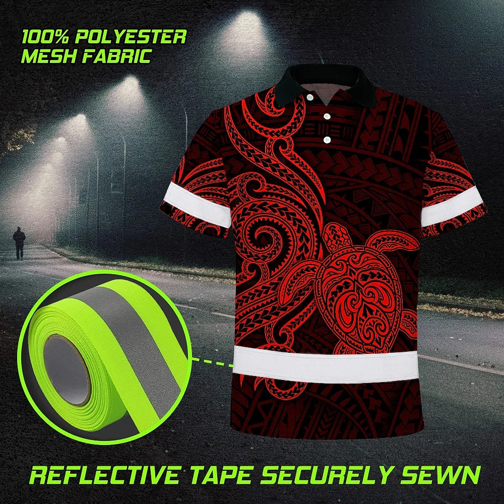 Hi Vis Polo Shirt Reflective Tapes Red Neon Polynesian Custom Name Safety Workwear For Workers, Truckers, Operators