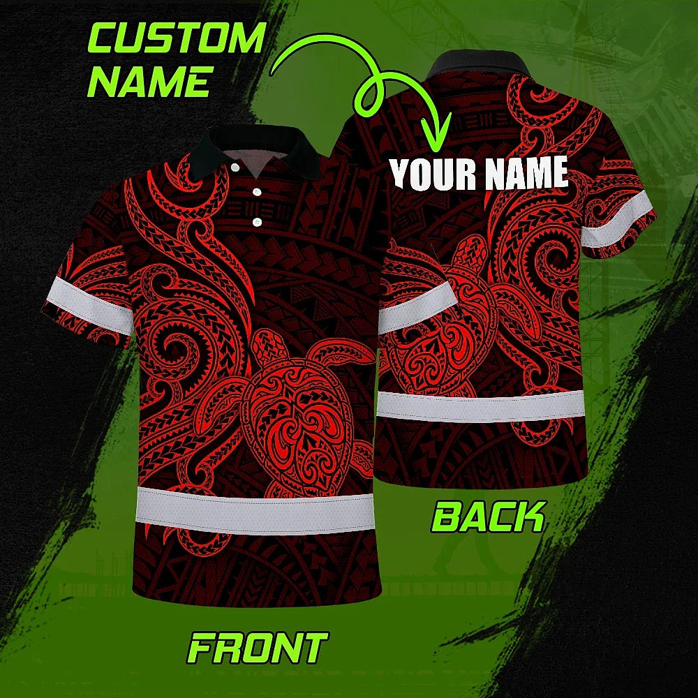 Hi Vis Polo Shirt Reflective Tapes Red Neon Polynesian Custom Name Safety Workwear For Workers, Truckers, Operators