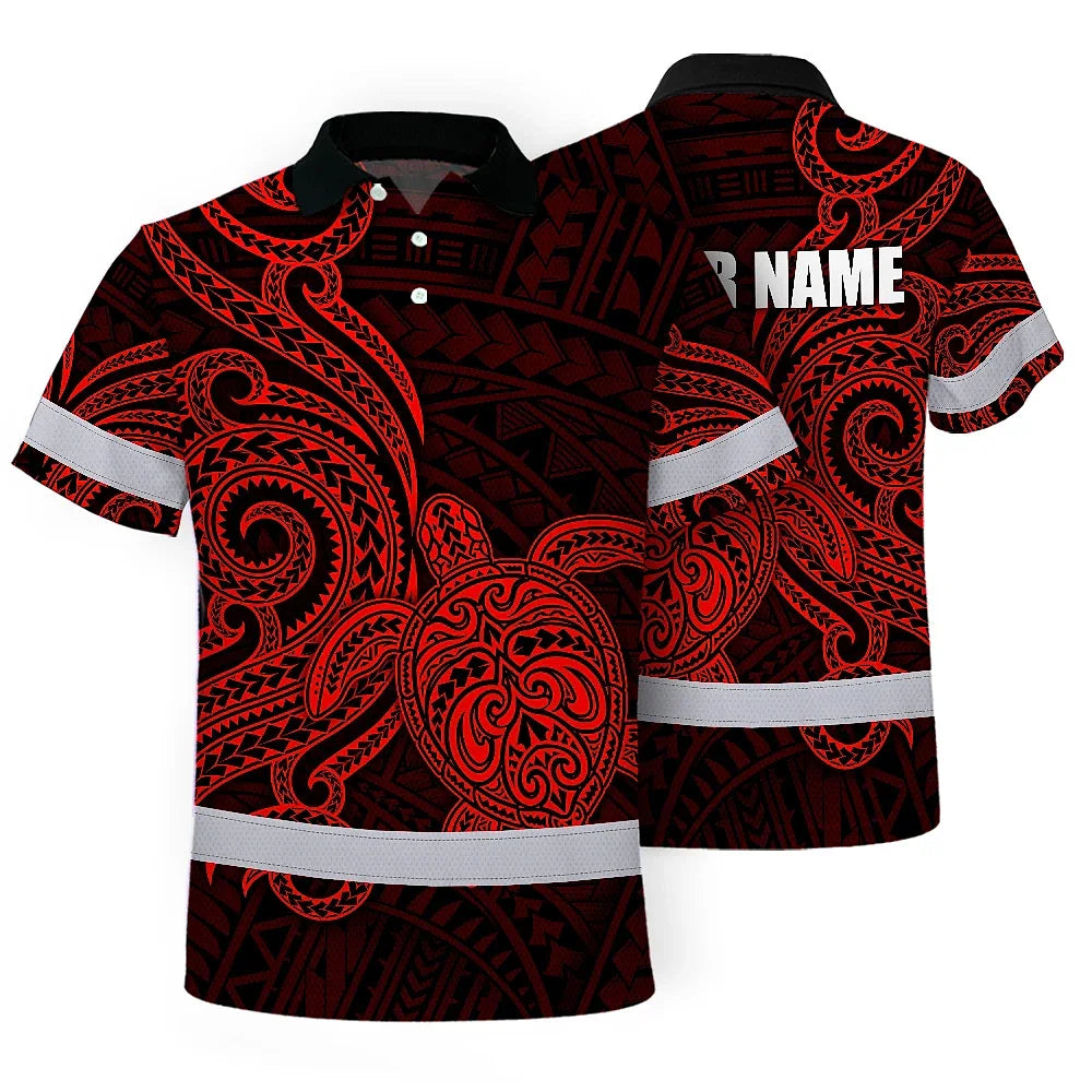 Hi Vis Polo Shirt Reflective Tapes Red Neon Polynesian Custom Name Safety Workwear For Workers, Truckers, Operators