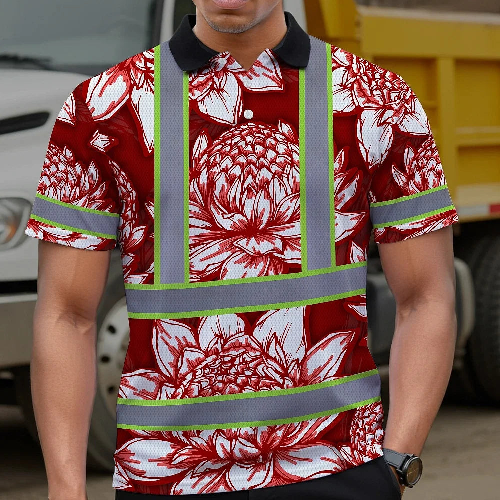 Hi Vis Polo Shirt Reflective Tapes Red Neon White Protea Custom Name Safety Workwear For Workers, Truckers, Operators