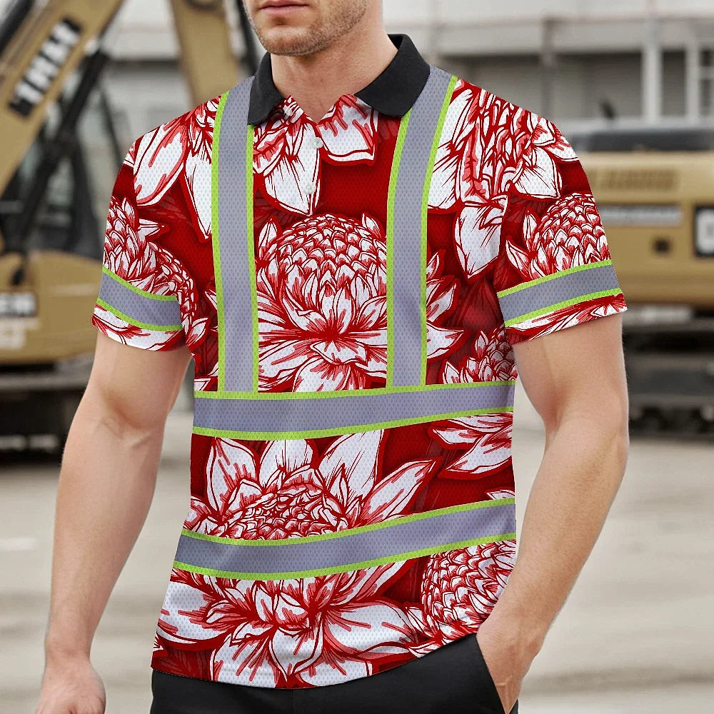 Hi Vis Polo Shirt Reflective Tapes Red Neon White Protea Custom Name Safety Workwear For Workers, Truckers, Operators
