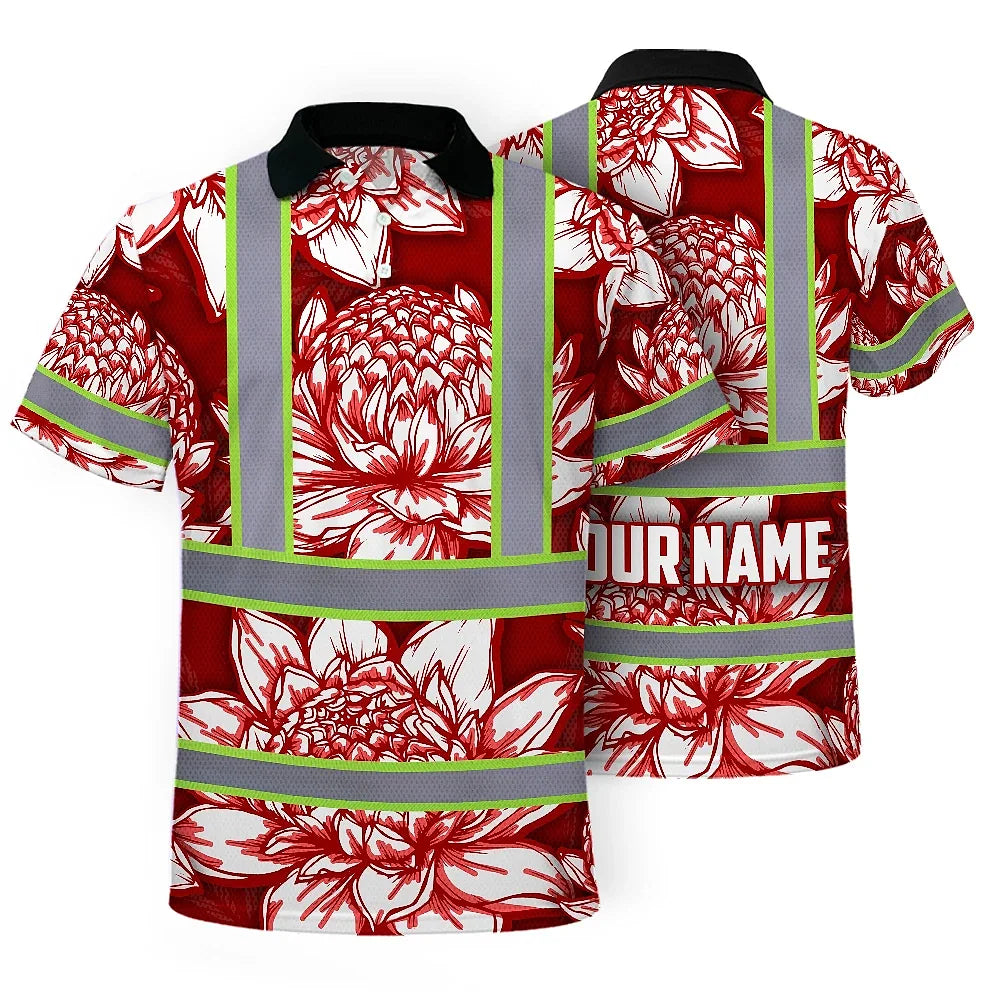Hi Vis Polo Shirt Reflective Tapes Red Neon White Protea Custom Name Safety Workwear For Workers, Truckers, Operators