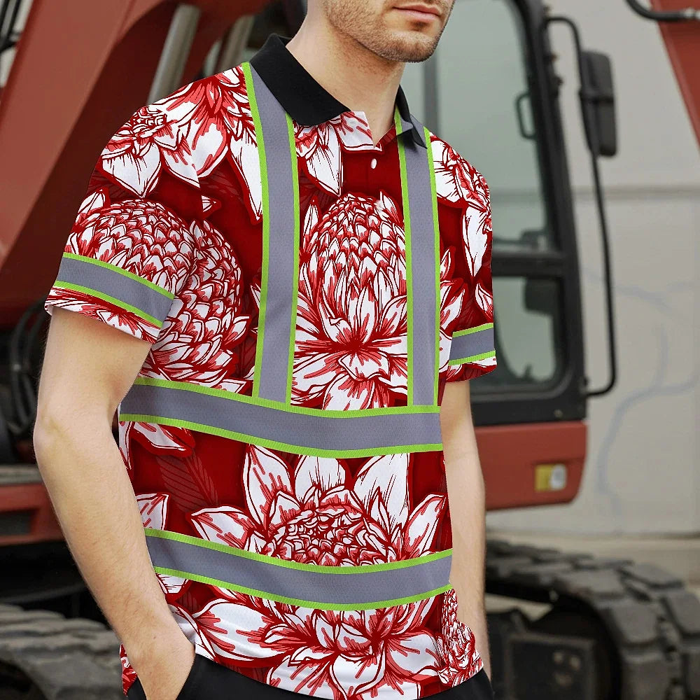 Hi Vis Polo Shirt Reflective Tapes Red Neon White Protea Custom Name Safety Workwear For Workers, Truckers, Operators