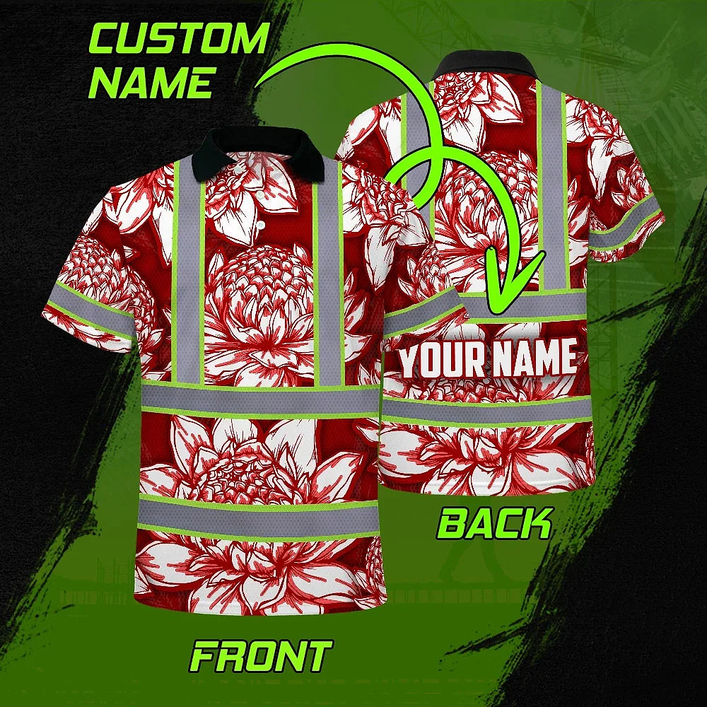 Hi Vis Polo Shirt Reflective Tapes Red Neon White Protea Custom Name Safety Workwear For Workers, Truckers, Operators