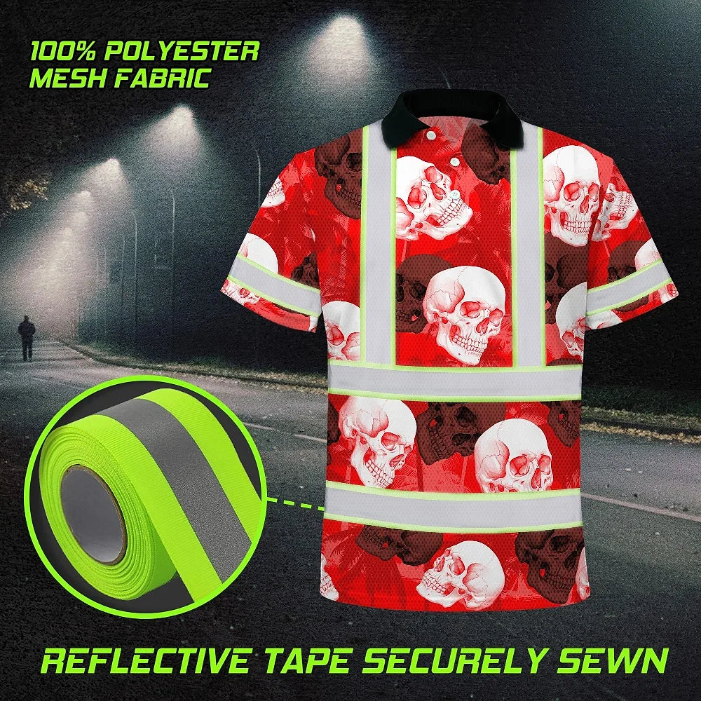 Hi Vis Polo Shirt Reflective Tapes Red Neon White Skull Custom Name Safety Workwear For Workers, Truckers, Operators