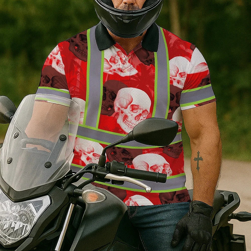 Hi Vis Polo Shirt Reflective Tapes Red Neon White Skull Custom Name Safety Workwear For Workers, Truckers, Operators