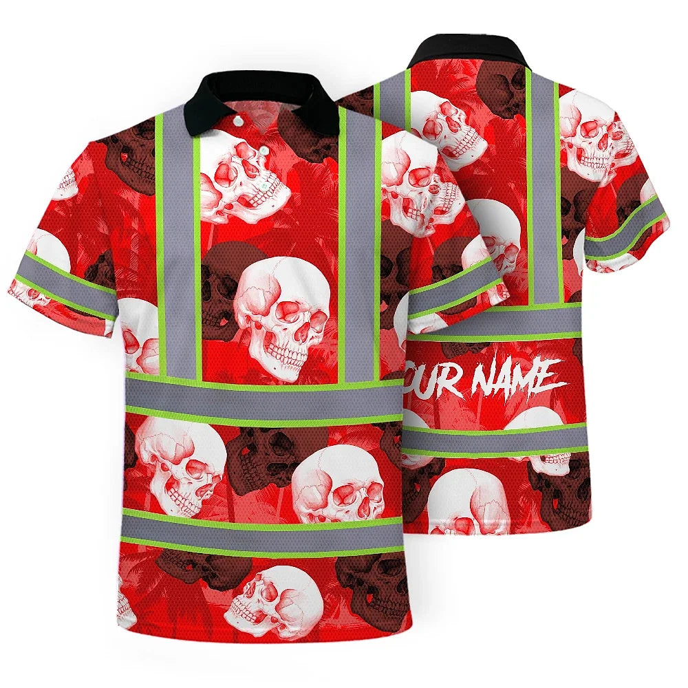 Hi Vis Polo Shirt Reflective Tapes Red Neon White Skull Custom Name Safety Workwear For Workers, Truckers, Operators
