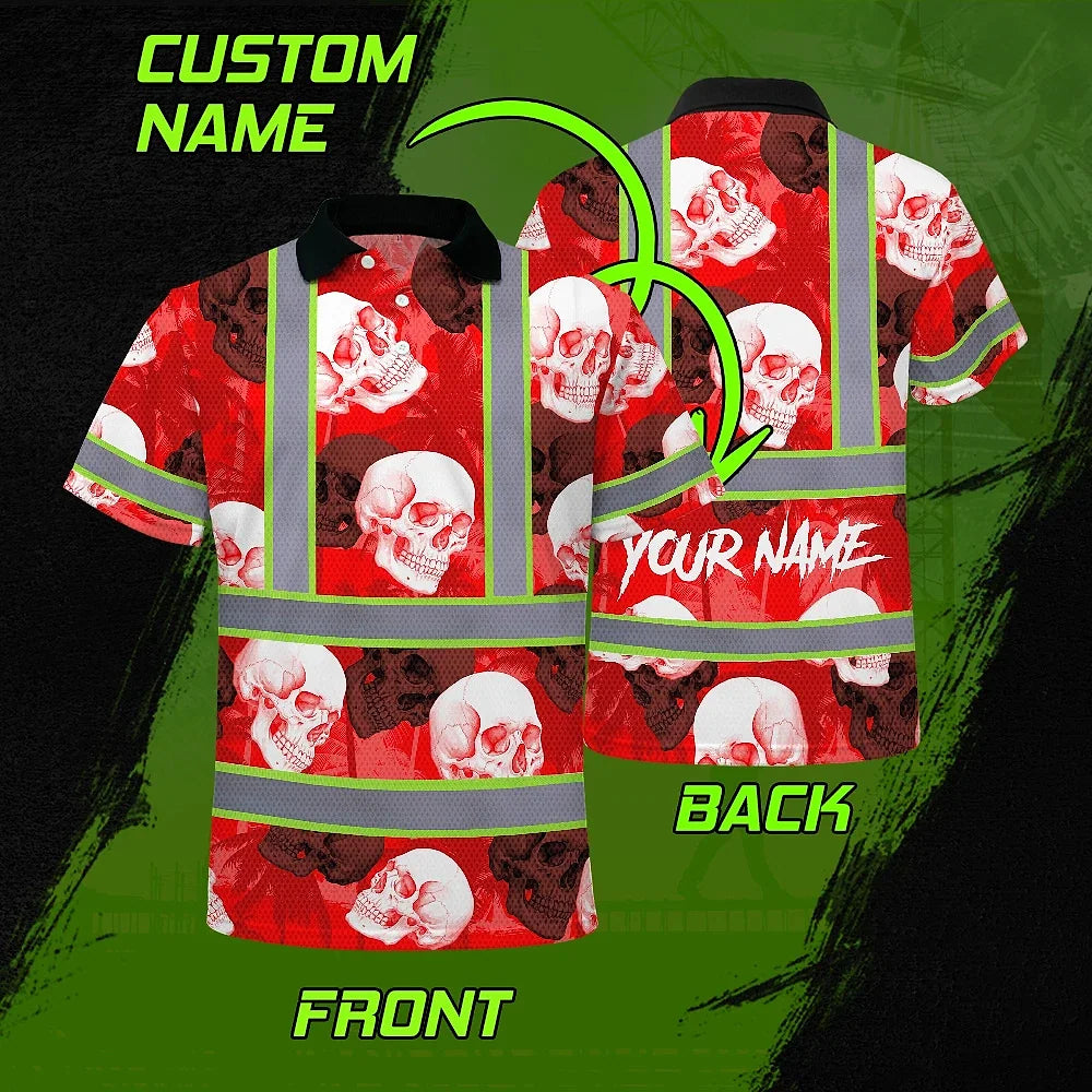 Hi Vis Polo Shirt Reflective Tapes Red Neon White Skull Custom Name Safety Workwear For Workers, Truckers, Operators