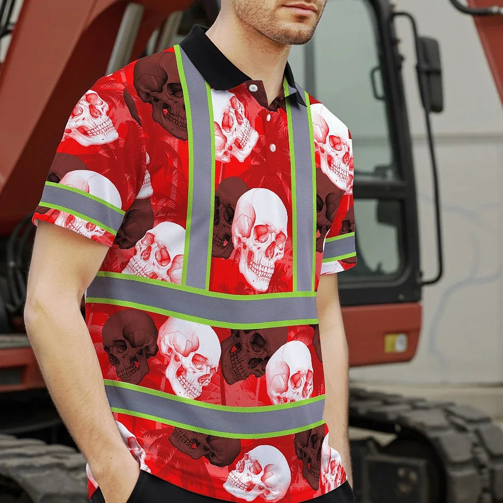 Hi Vis Polo Shirt Reflective Tapes Red Neon White Skull Custom Name Safety Workwear For Workers, Truckers, Operators