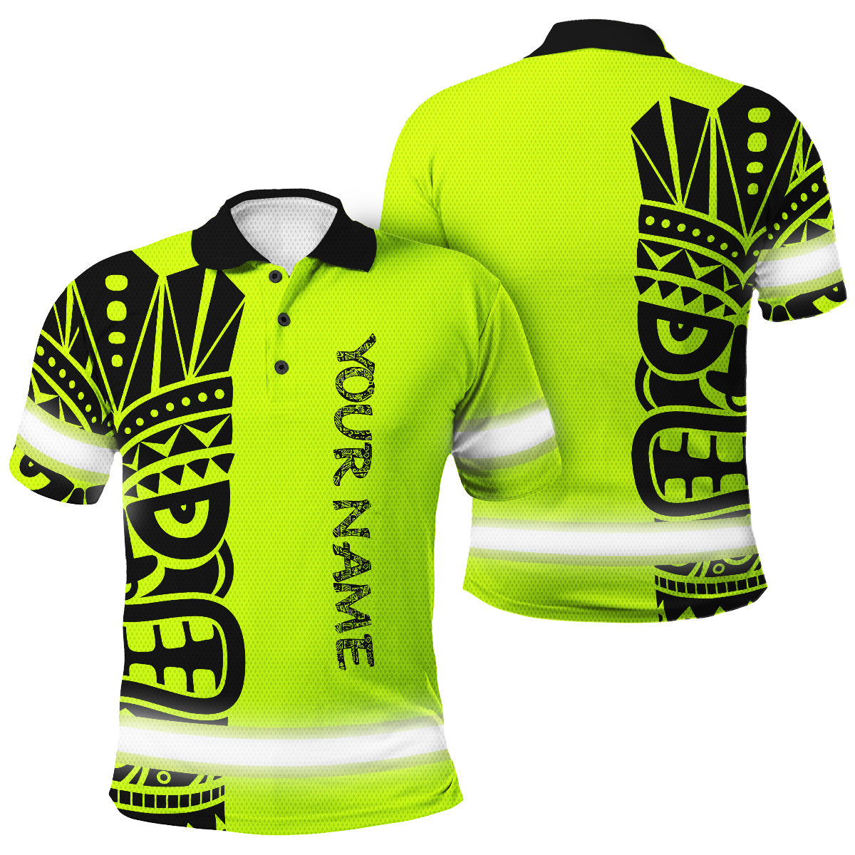 Hi Vis Polo Shirt Reflective Tapes TiKi Hawaiian Polynesian Tribal