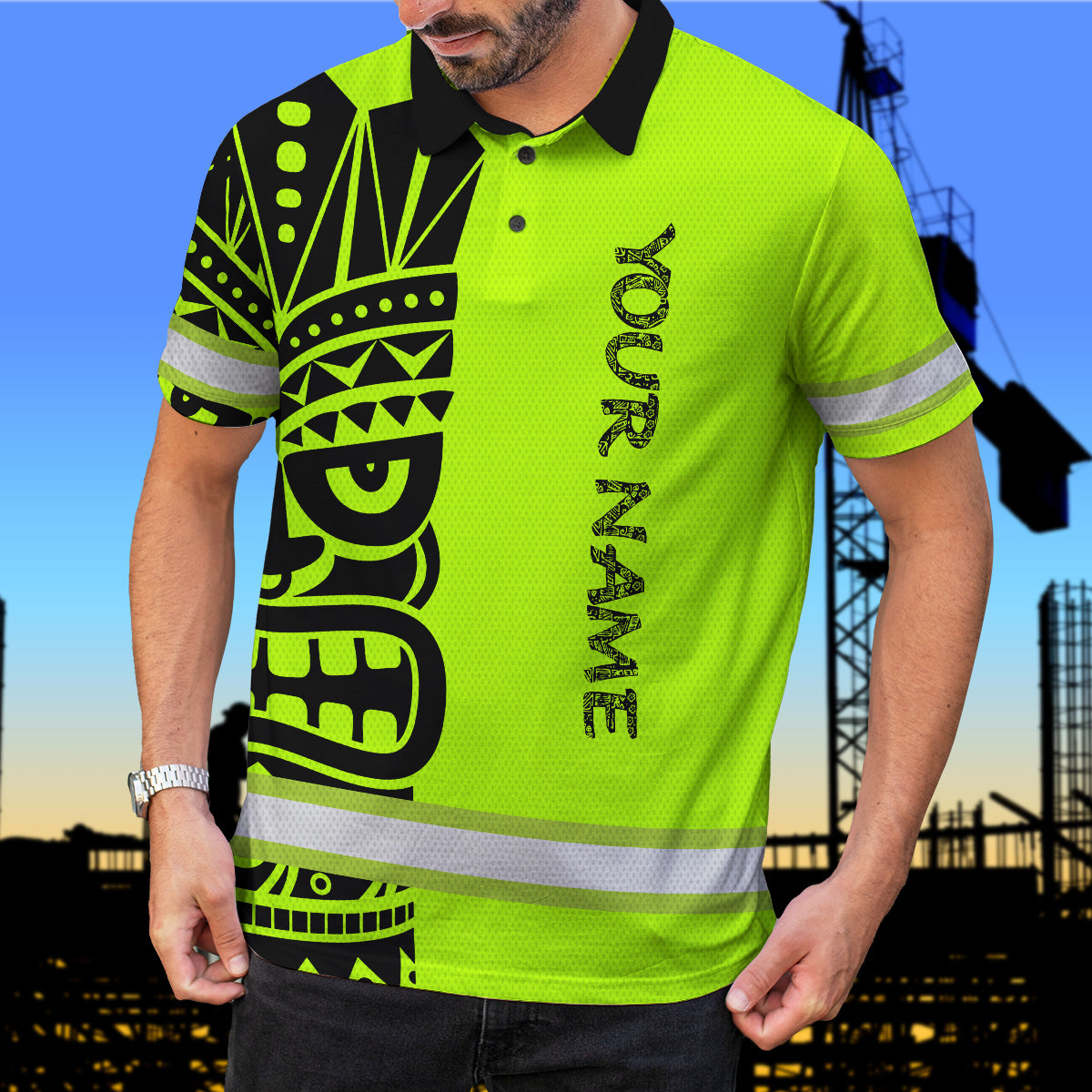 Hi Vis Polo Shirt Reflective Tapes TiKi Hawaiian Polynesian Tribal