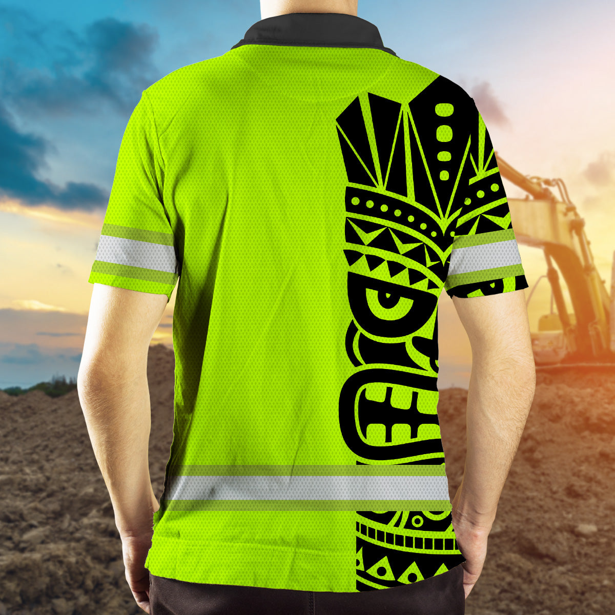 Hi Vis Polo Shirt Reflective Tapes TiKi Hawaiian Polynesian Tribal