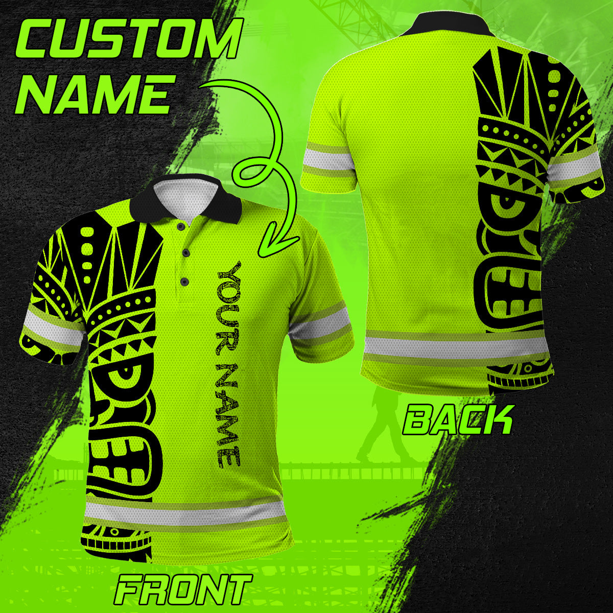 Hi Vis Polo Shirt Reflective Tapes TiKi Hawaiian Polynesian Tribal