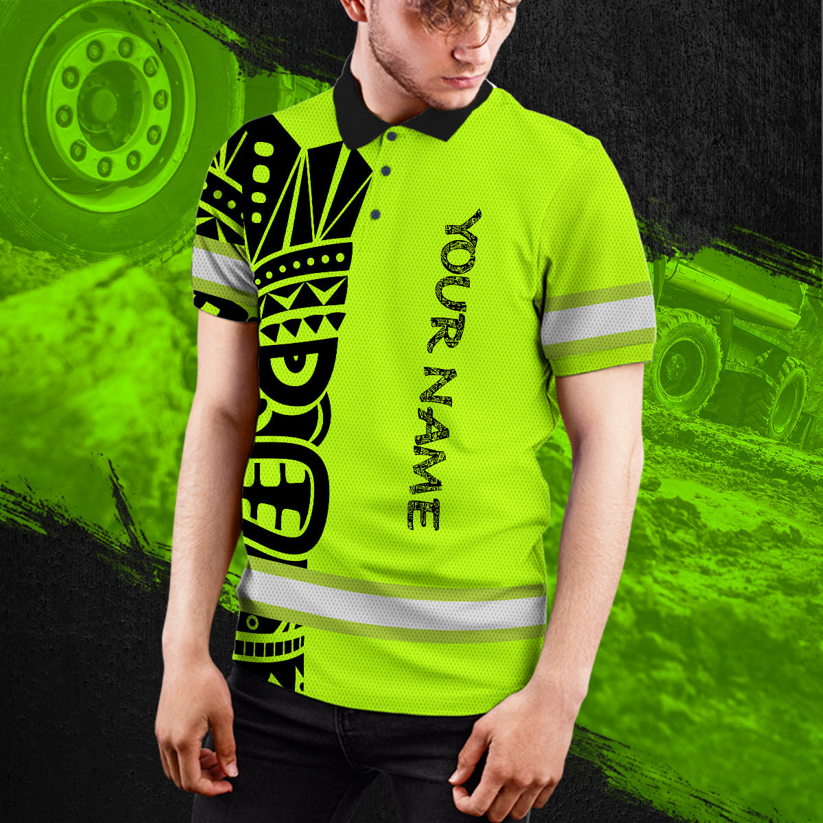 Hi Vis Polo Shirt Reflective Tapes TiKi Hawaiian Polynesian Tribal