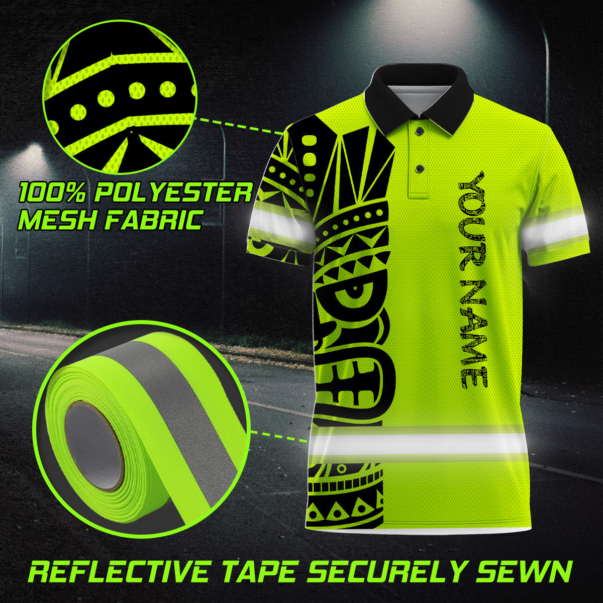 Hi Vis Polo Shirt Reflective Tapes TiKi Hawaiian Polynesian Tribal