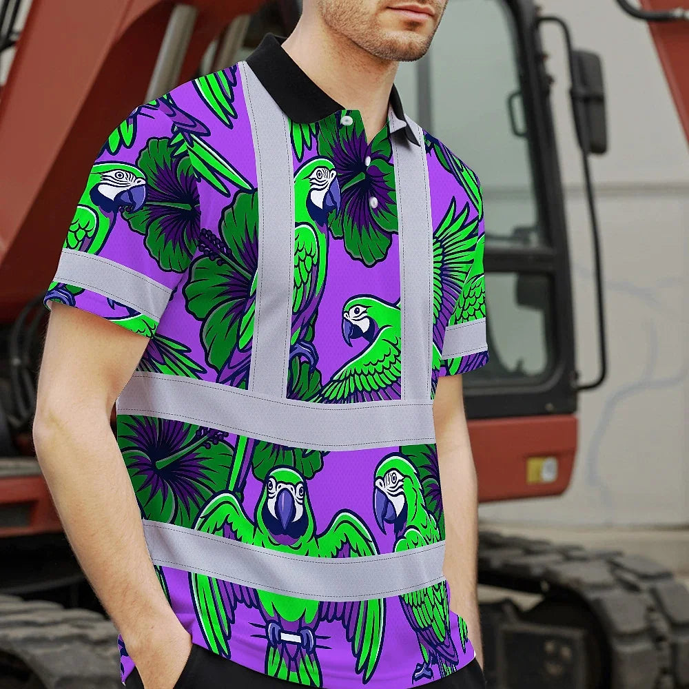 Hi Vis Polo Shirt Reflective Tapes Violet Green Parrot Custom Name Safety Workwear For Workers, Truckers, Operators