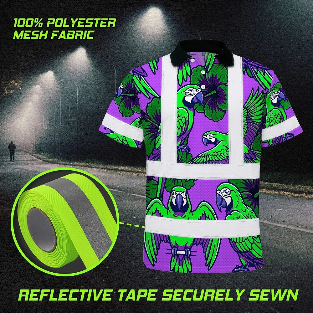 Hi Vis Polo Shirt Reflective Tapes Violet Green Parrot Custom Name Safety Workwear For Workers, Truckers, Operators