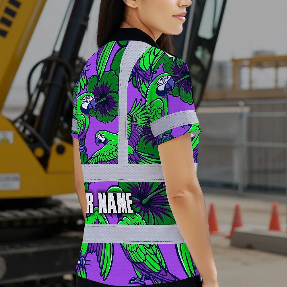Hi Vis Polo Shirt Reflective Tapes Violet Green Parrot Custom Name Safety Workwear For Workers, Truckers, Operators