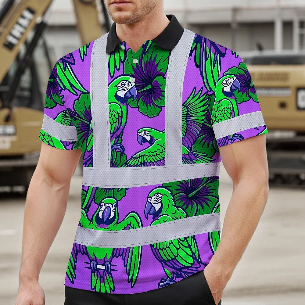 Hi Vis Polo Shirt Reflective Tapes Violet Green Parrot Custom Name Safety Workwear For Workers, Truckers, Operators