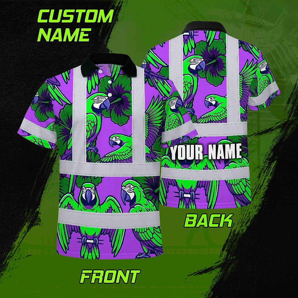Hi Vis Polo Shirt Reflective Tapes Violet Green Parrot Custom Name Safety Workwear For Workers, Truckers, Operators