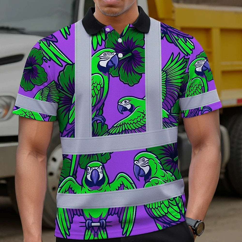 Hi Vis Polo Shirt Reflective Tapes Violet Green Parrot Custom Name Safety Workwear For Workers, Truckers, Operators