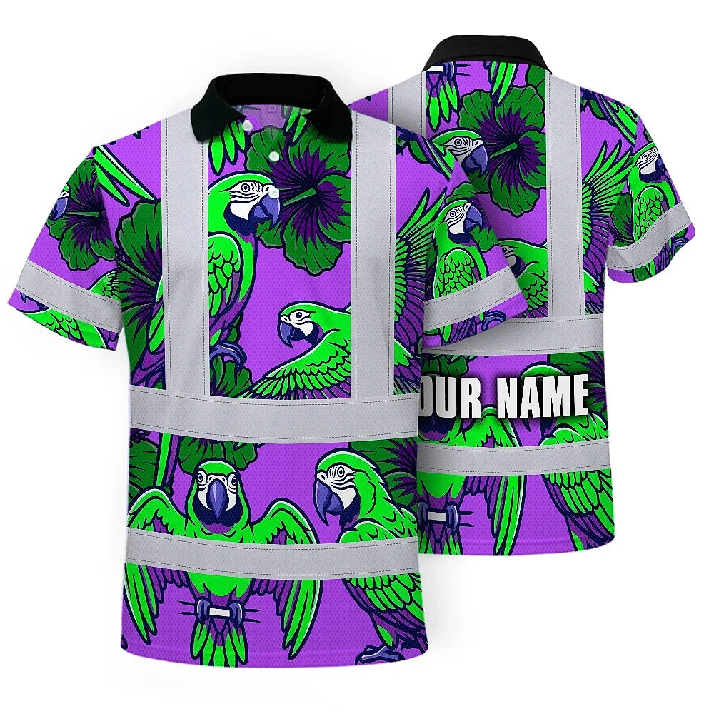 Hi Vis Polo Shirt Reflective Tapes Violet Green Parrot Custom Name Safety Workwear For Workers, Truckers, Operators