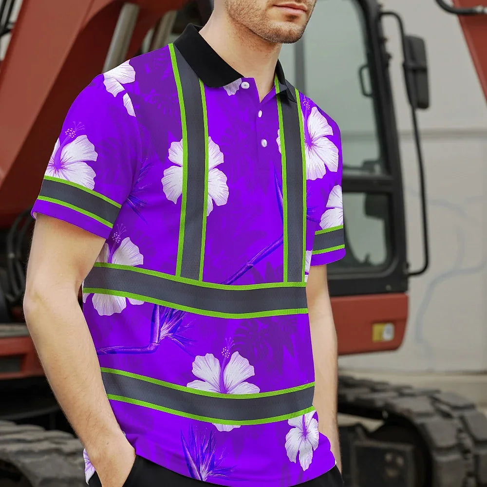 Hi Vis Polo Shirt Reflective Tapes Violet Neon Custom Name Safety Workwear For Workers, Truckers, Operators