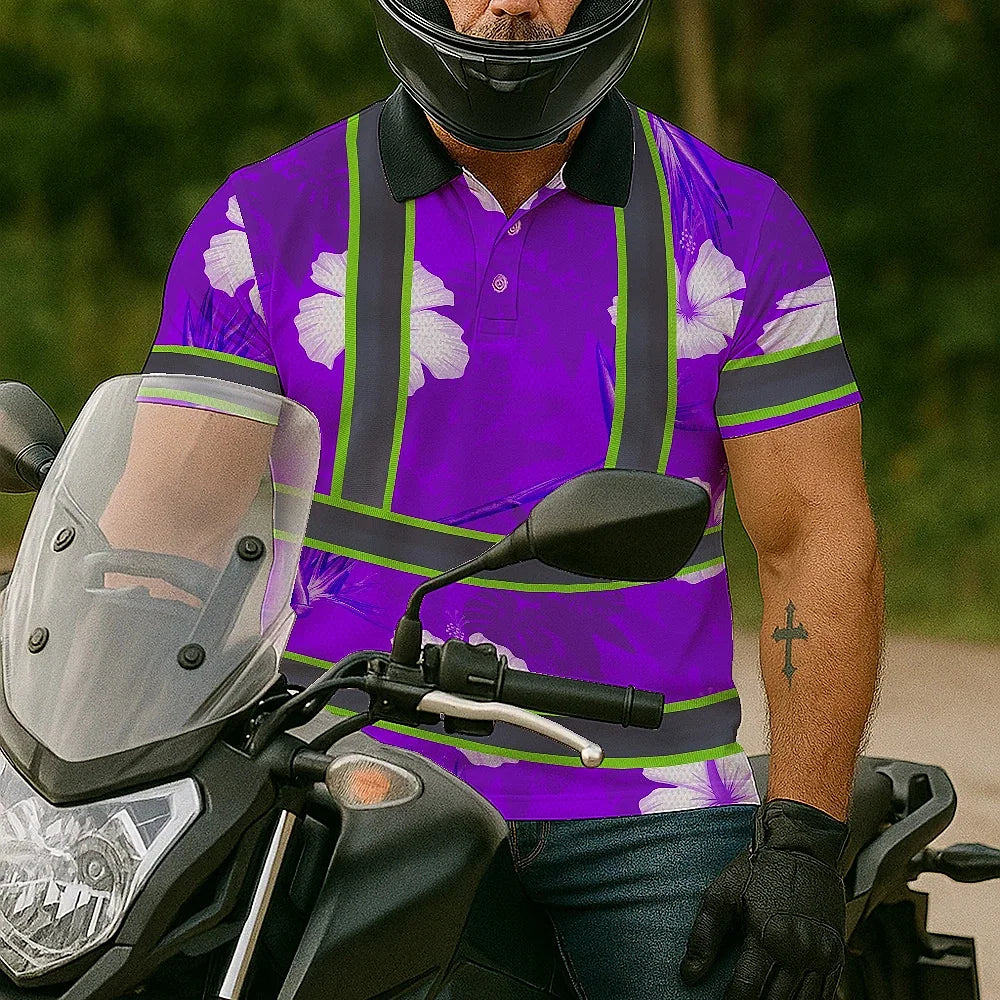 Hi Vis Polo Shirt Reflective Tapes Violet Neon Custom Name Safety Workwear For Workers, Truckers, Operators