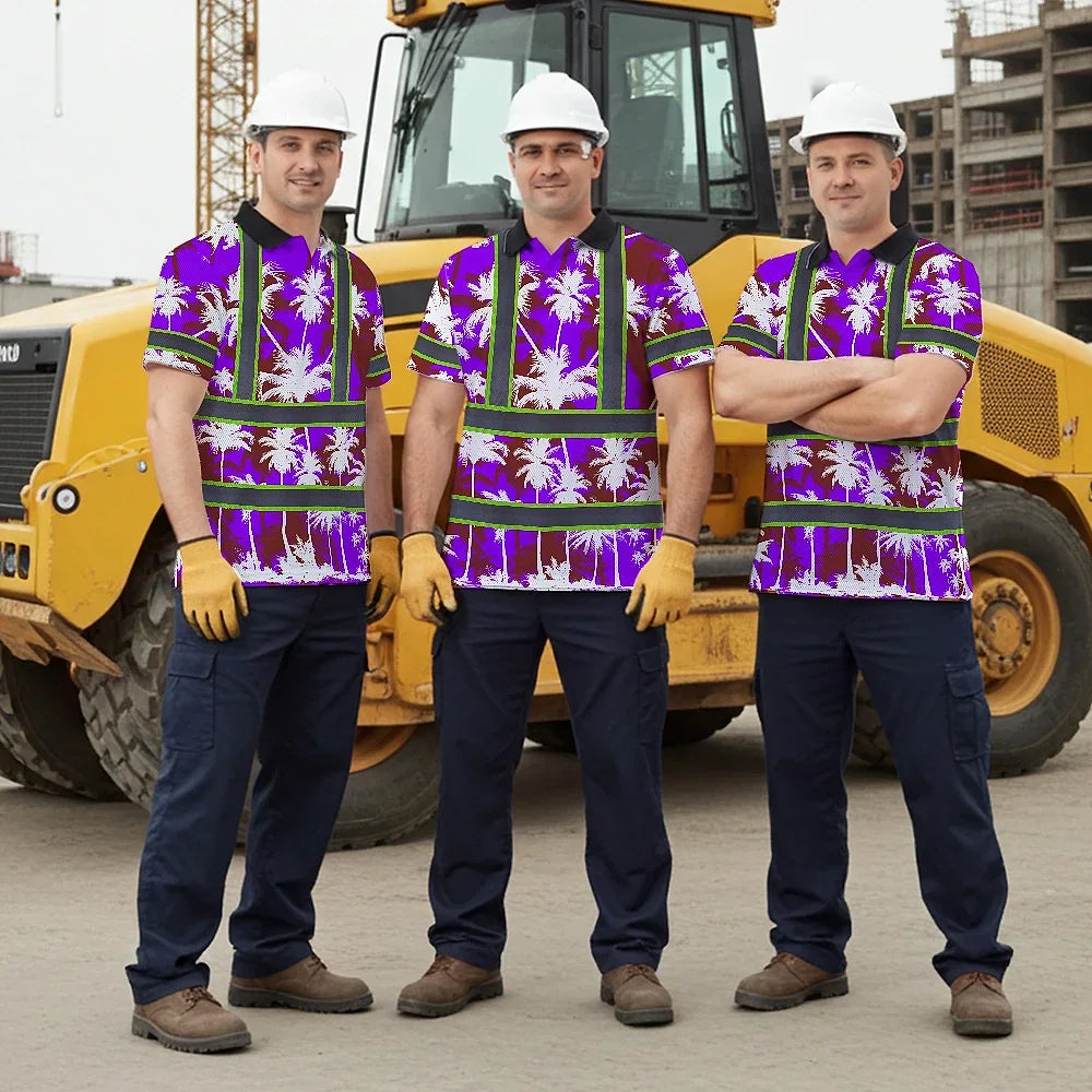 Hi Vis Polo Shirt Reflective Tapes Violet Neon Flowers Custom Name Safety Workwear For Workers, Truckers, Operators