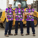 Hi Vis Polo Shirt Reflective Tapes Violet Neon Flowers Custom Name Safety Workwear For Workers, Truckers, Operators