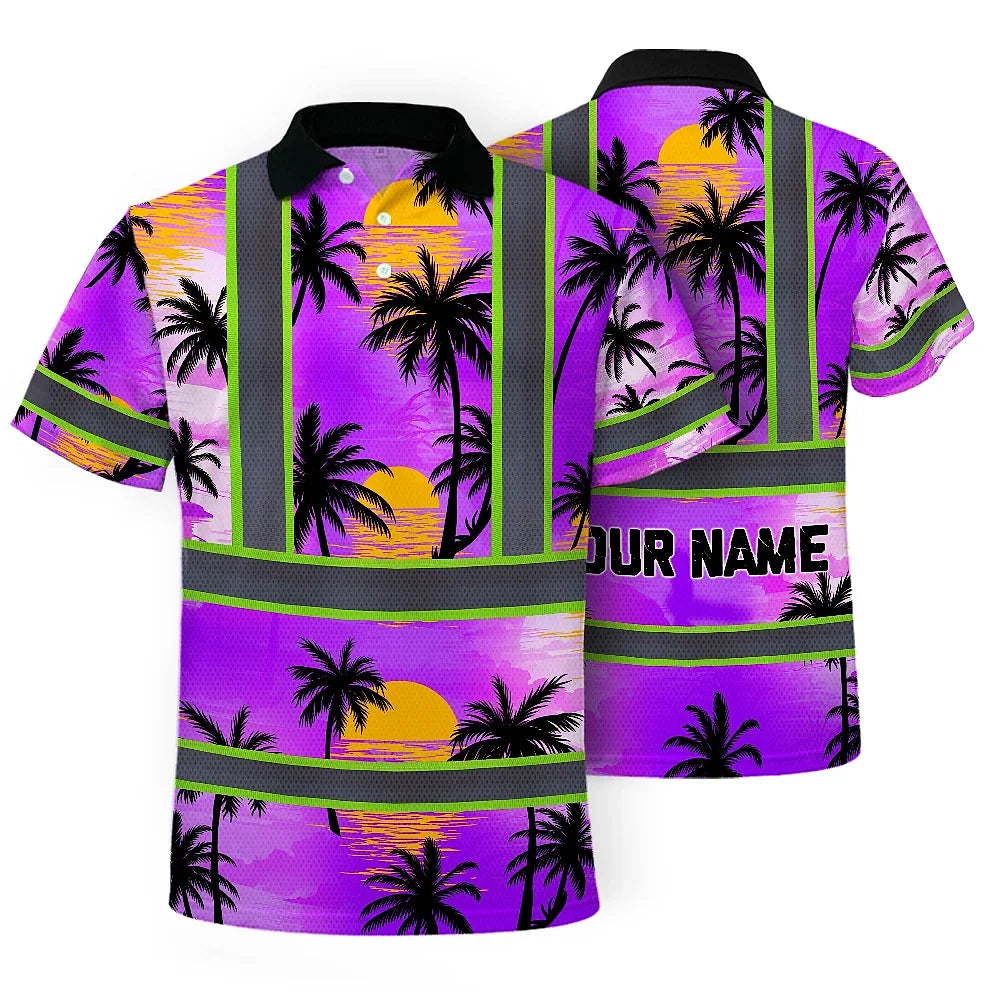 Hi Vis Polo Shirt Reflective Tapes Violet Neon Flowers Custom Name