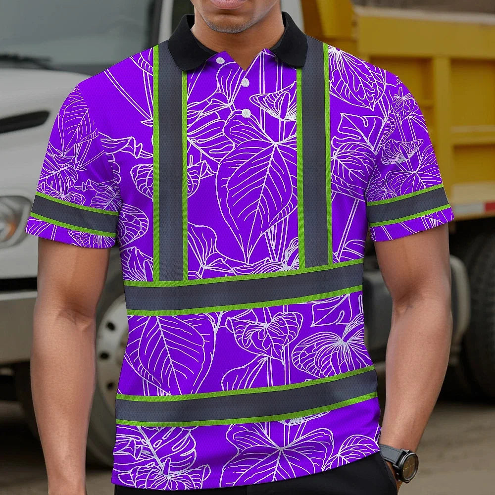 Hi Vis Polo Shirt Reflective Tapes Violet Neon Flowers Custom Name Safety Workwear For Workers, Truckers, Operators